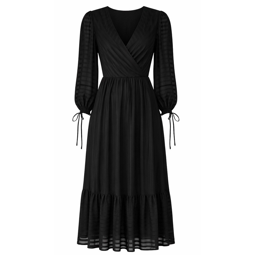 Designers Remix Corinne Dress Black Pleated Wrap Midi Sheer Sleeve NWT Size 34